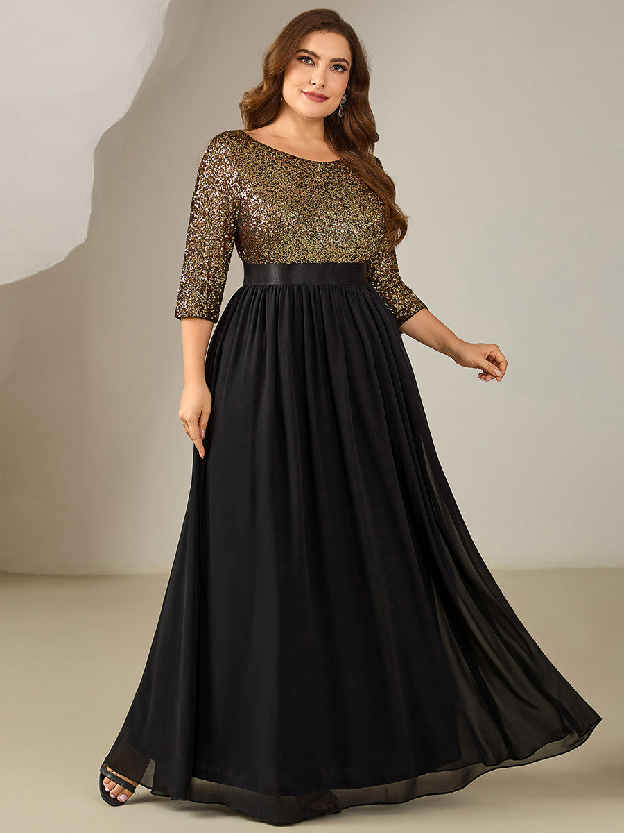 Plus Size  Sequin 3/4 Sleeves Evening Dress
