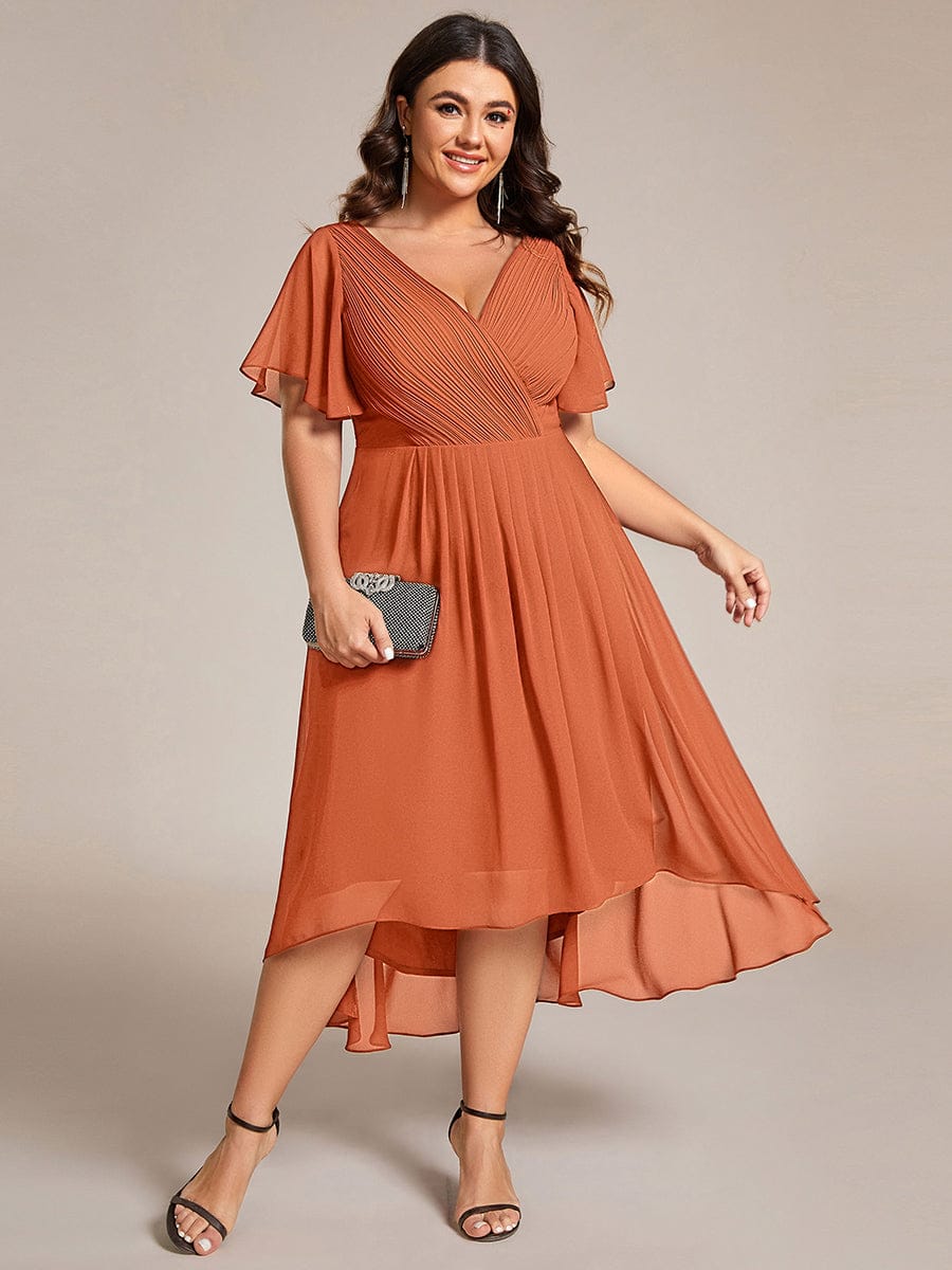 Plus Size Double V-Neck Ruffles Sleeve Chiffon Midi Wedding Guest Dress