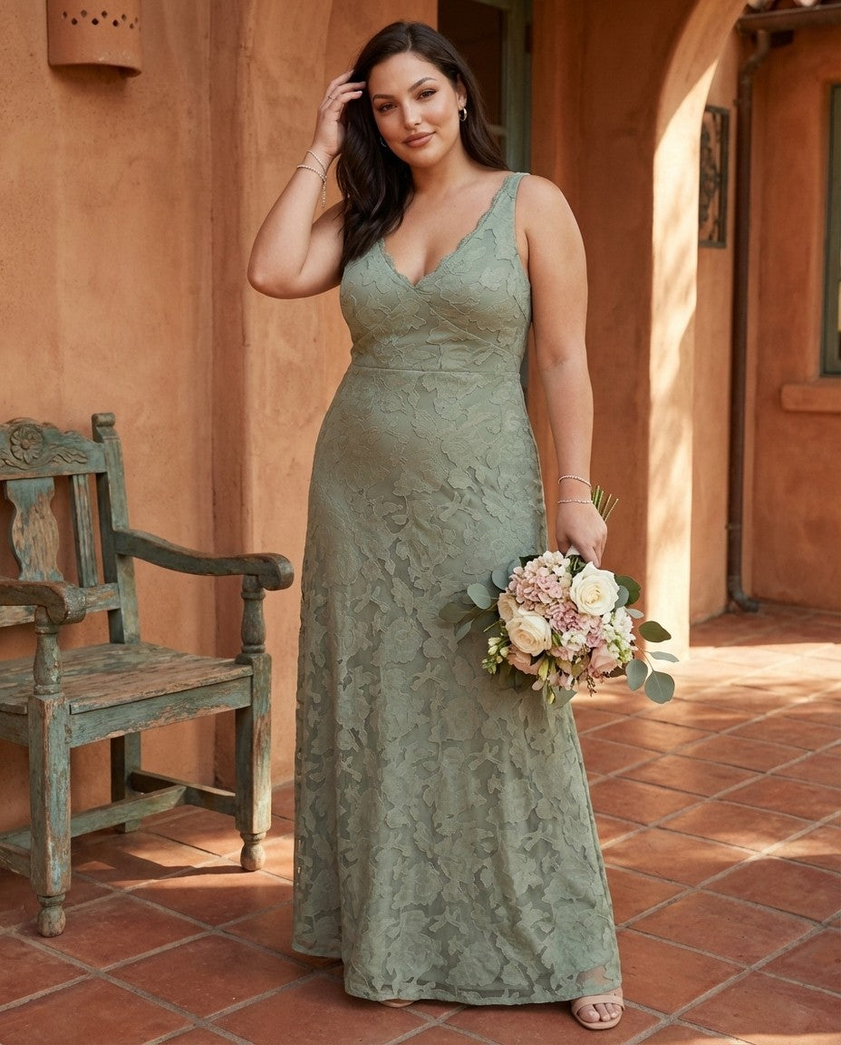 Plus Size Classic V Neck Sleeveless Floral Burnout Bridesmaid Dress Side Zip Elegant Gown for Curvy Women -N0350