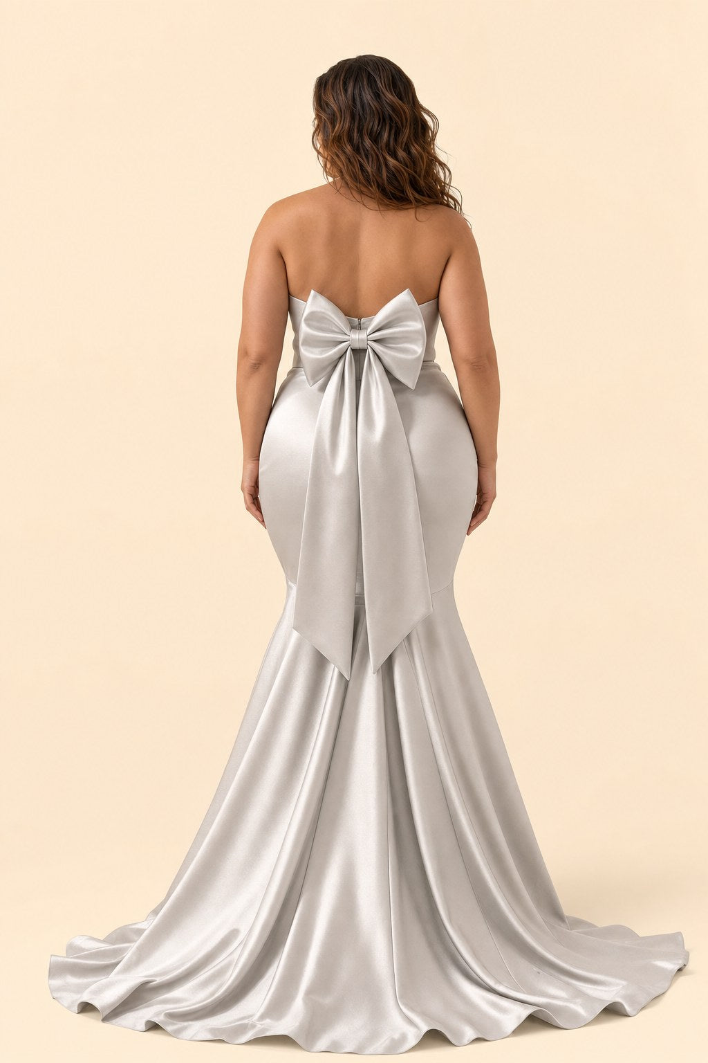 Plus Size Strapless Bridesmaid Dress with Bow Back and Chapel Train