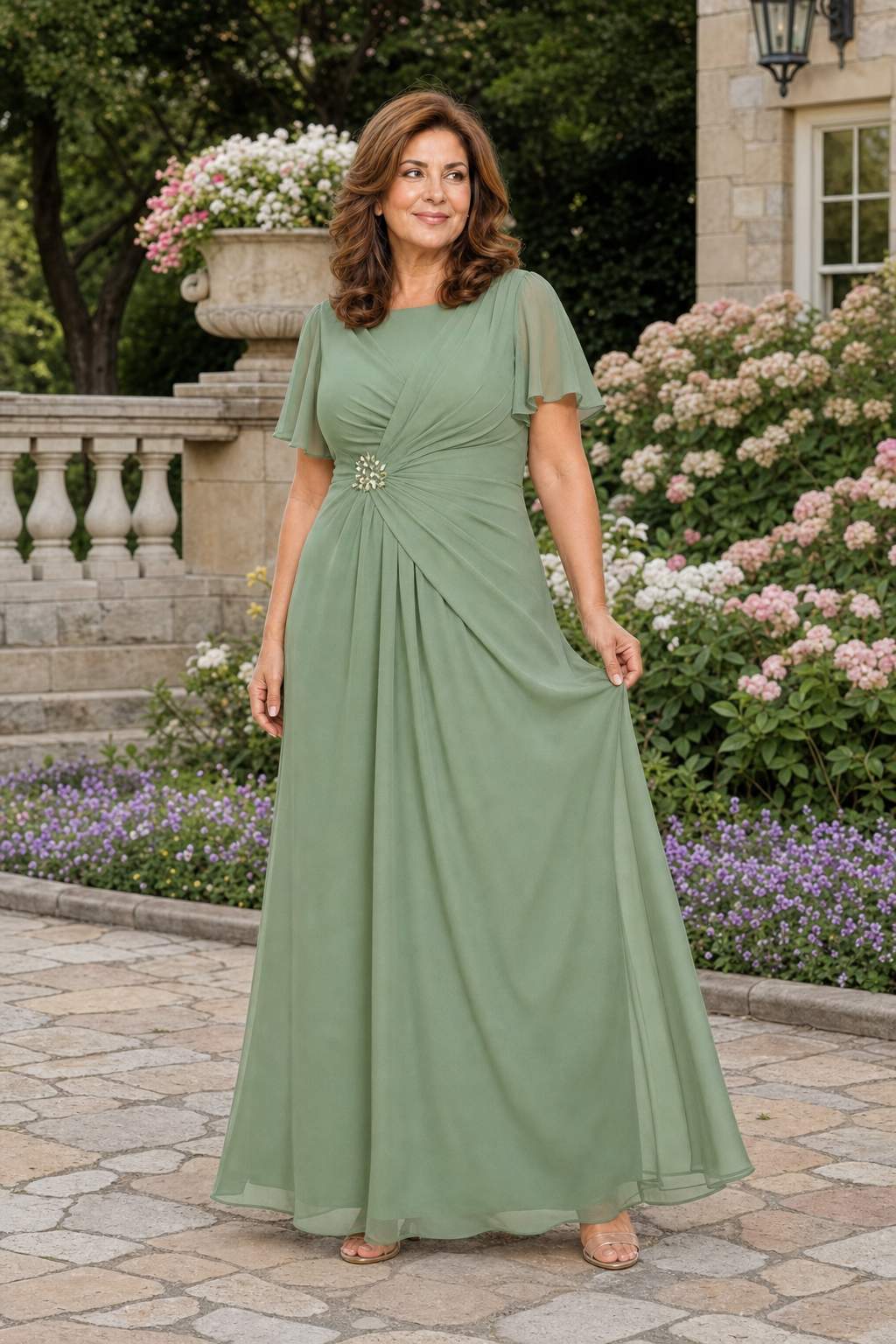 Plus Size A-Line Mother of the Bride Dress with Pleated Chiffon Flutter Sleeves