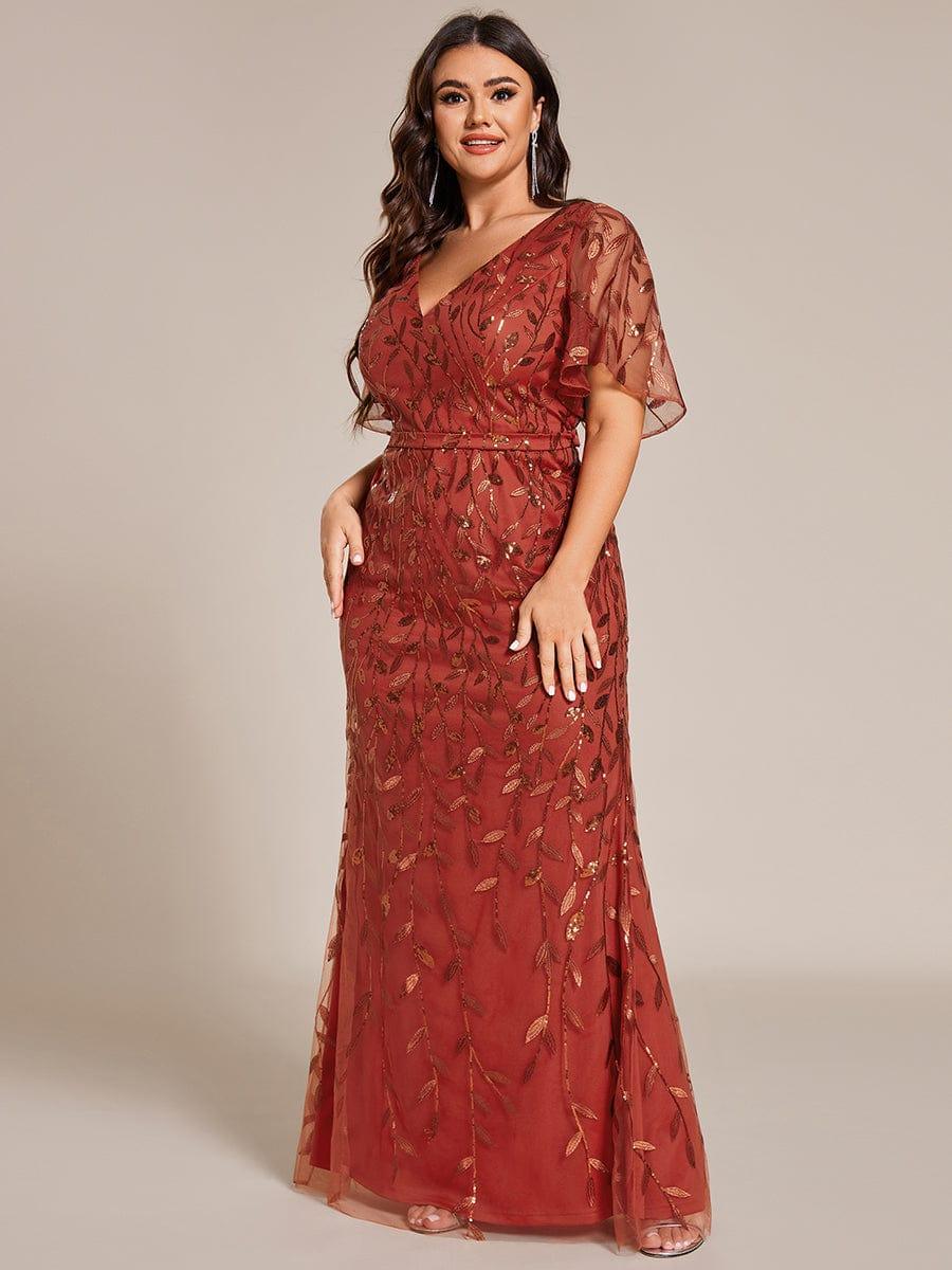 Fashion Plus Size V Neck Mermaid Sequin & Tulle Evening Dress