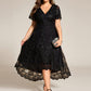 Plus Size Short Sleeves Embroidered Mesh A-Line V-Neck Midi Wedding Guest Dress
