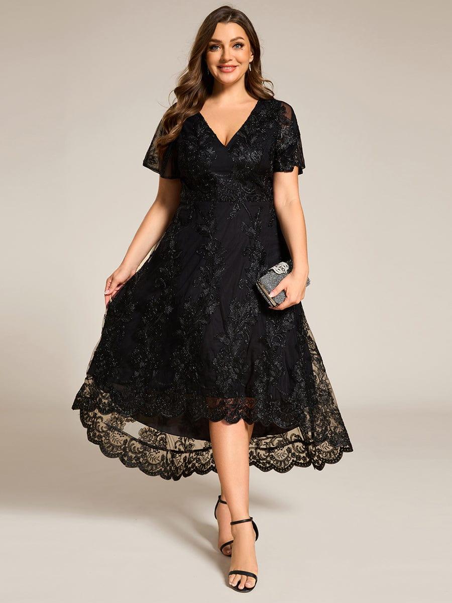 Plus Size Short Sleeves Embroidered Mesh A-Line V-Neck Midi Wedding Guest Dress