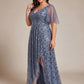 Plus Size Short Sleeves Sequin High Low V-Neck Midi Formal Evening Dress