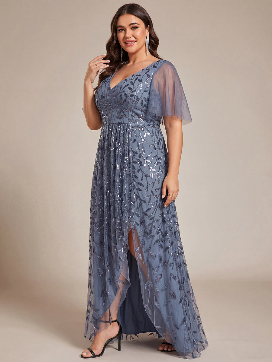 Plus Size Short Sleeves Sequin High Low V-Neck Midi Formal Evening Dress