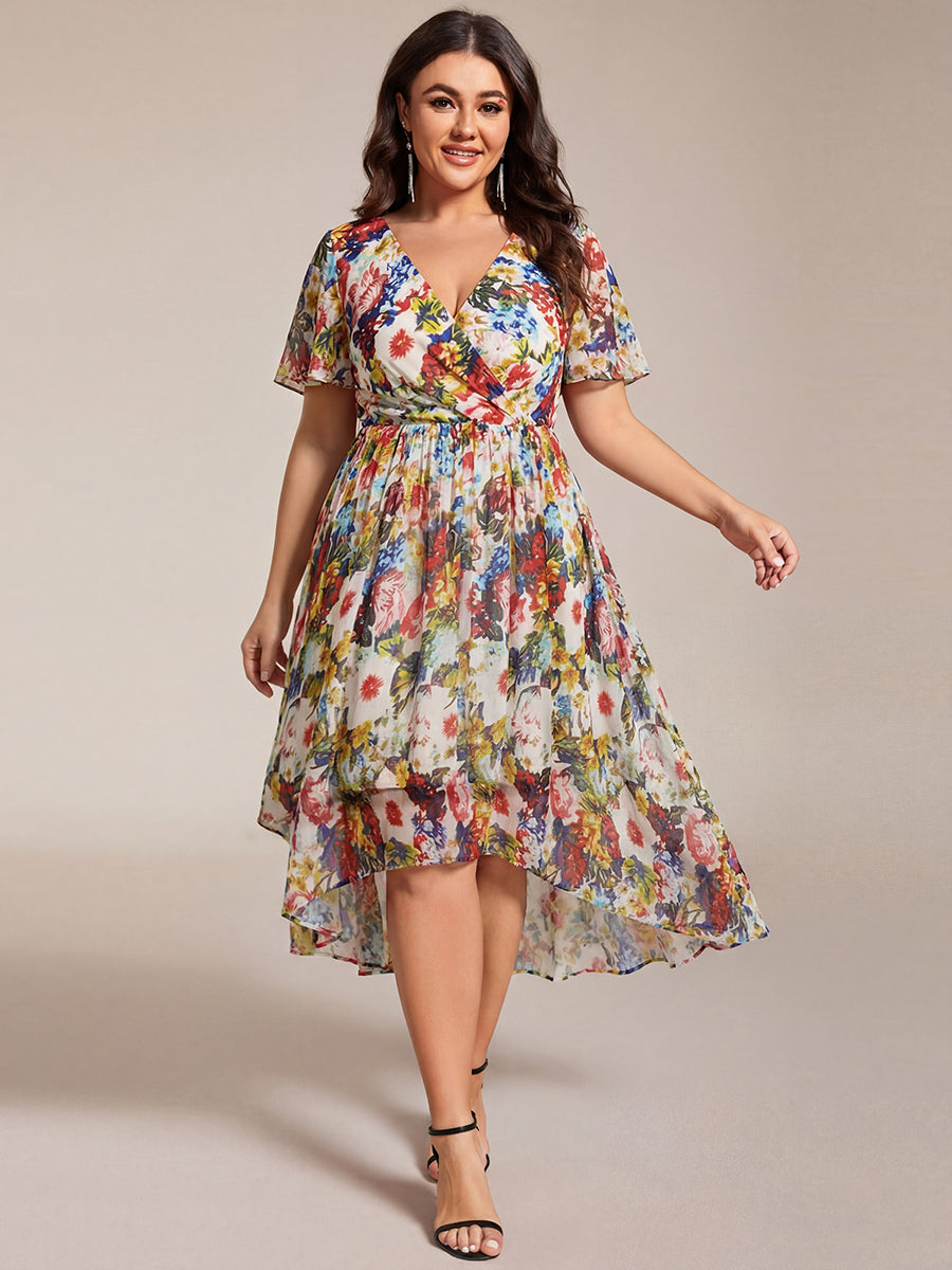 Plus Size Chiffon Short Sleeves Pleated V-Neck A-Line Midi Wedding Guest Dress
