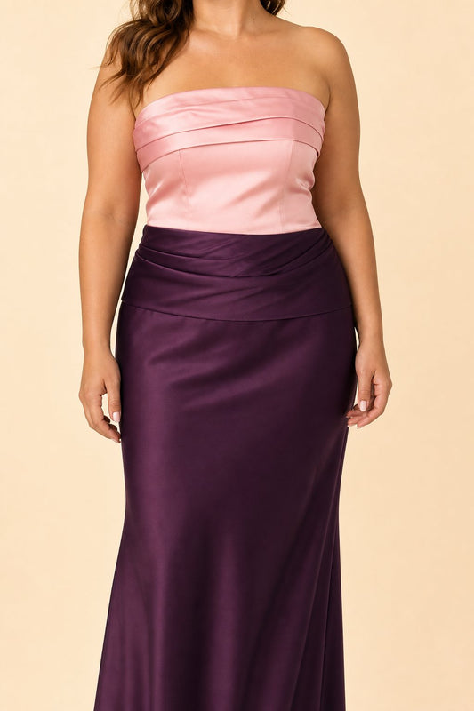 Plus Size Strapless Bridesmaid Dress with Ruched Color Block Corset