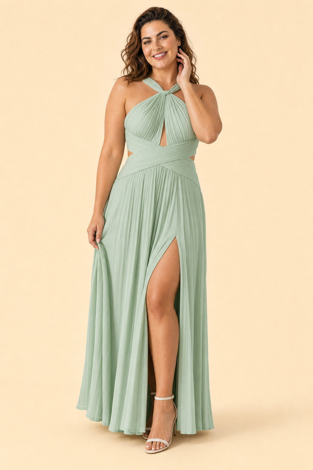 Plus Size Halter Bridesmaid Dress with Pleated Chiffon A-Line Skirt - Open Back and Side Slit