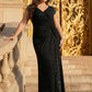 Plus Size Knotted Knit Cap Sleeve Maxi Glitter Evening Dress