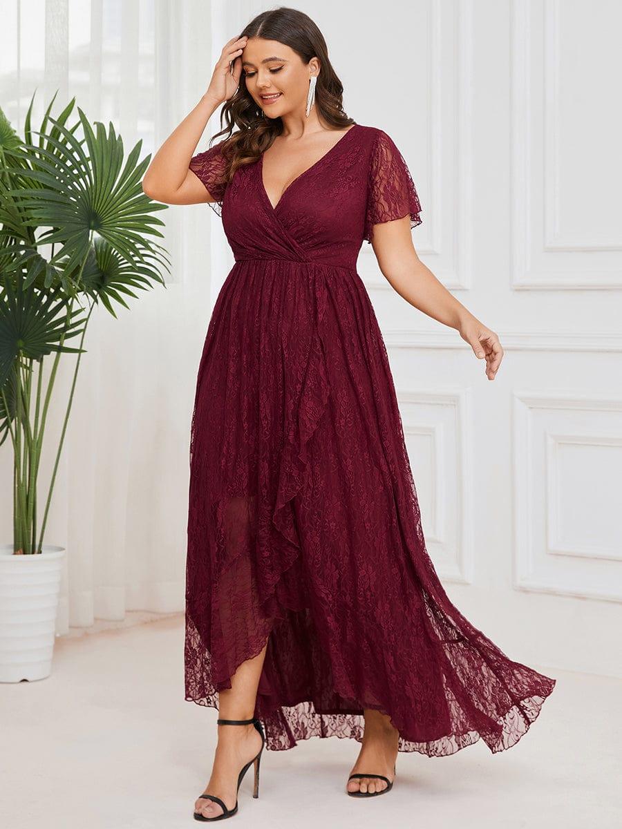 Plus Size Short Sleeve Ruffled V-Neck A-Line Lace Wedding Guest Dress