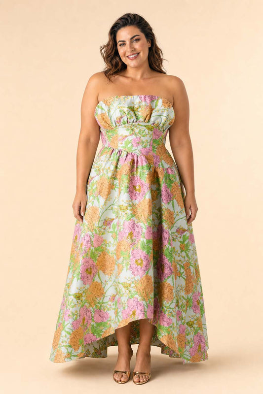 Plus Size Floral Jacquard Bridesmaid Dress with Ruffle Hem A-Line Silhouette