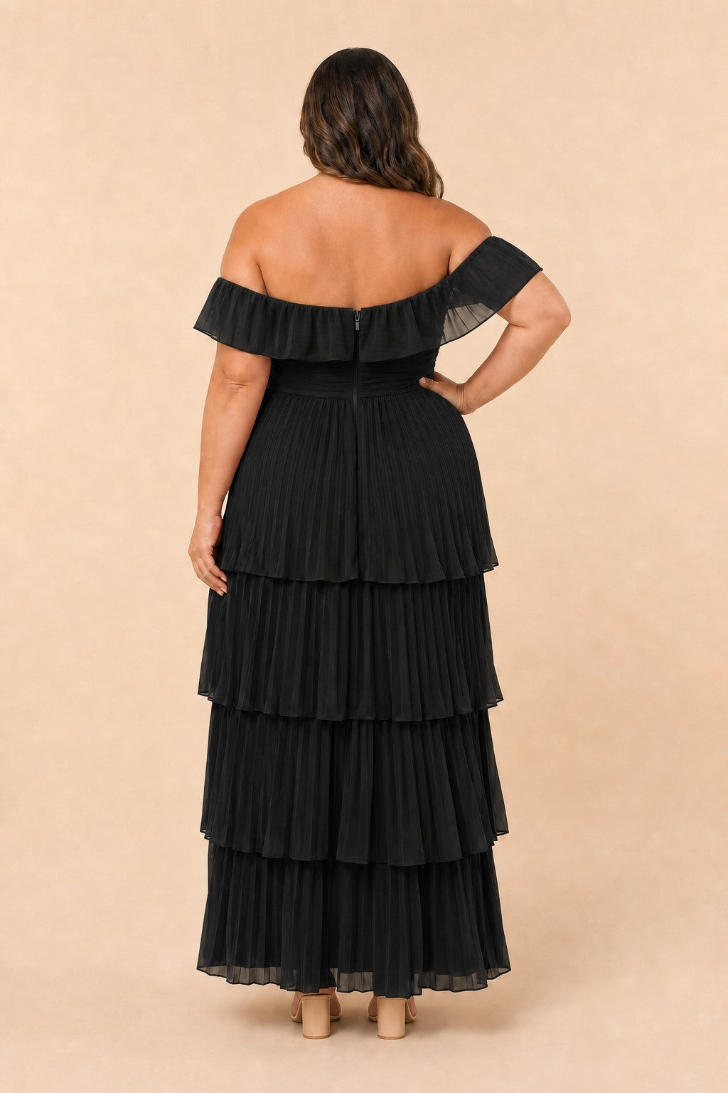 Elegant A Line Maxi Bridesmaid Dress Pleated Tiered Off Shoulder Design