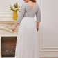 Plus Size V Neck A-Line Sequin Formal Evening Dress with Sleeve