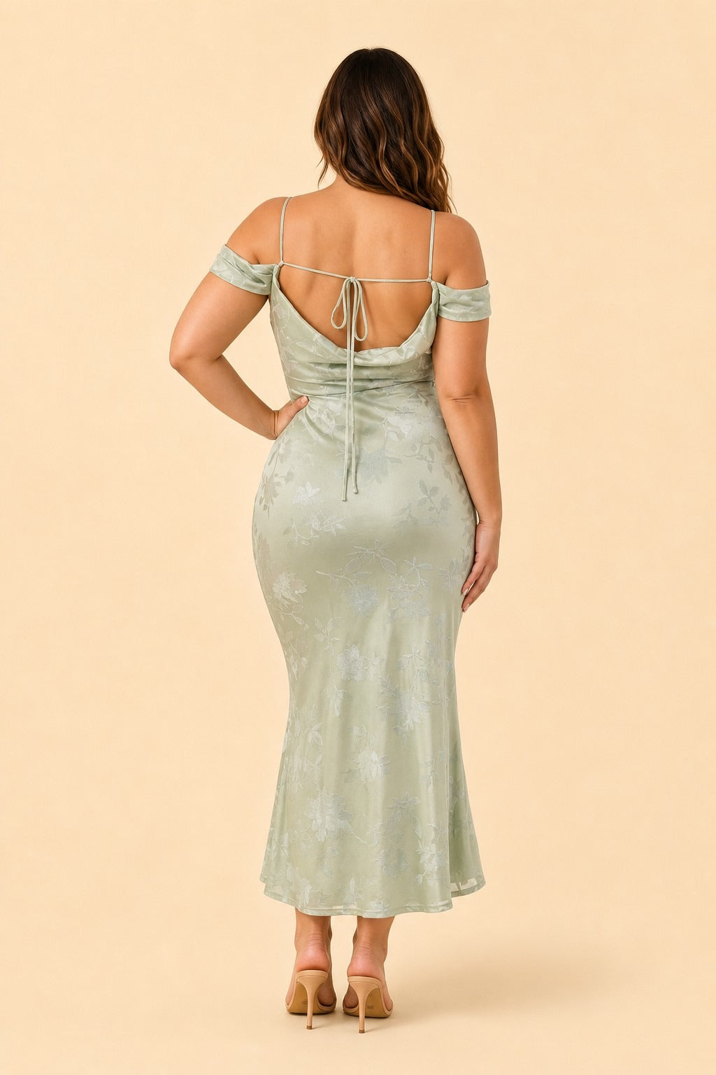 Plus Size Off Shoulder Burnout Floral Bridesmaid Dress with Lace-Up Back