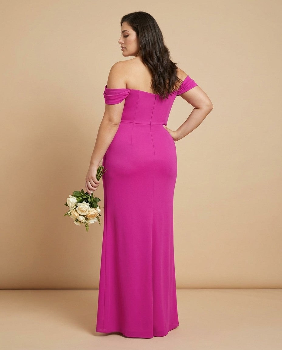 Elanthia Plus Size Off The Shoulder Mesh Bridesmaid Dress With Leg Slit For Wedding Party -N0346