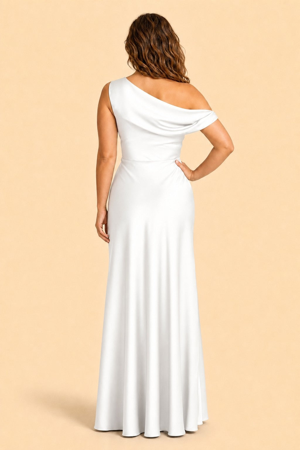 Floor Length Stretch Satin Bridesmaid Gown with Asymmetrical Neckline