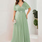 Plus Size V Neck Ribbon Waist Formal Evening Dress With Sleeves