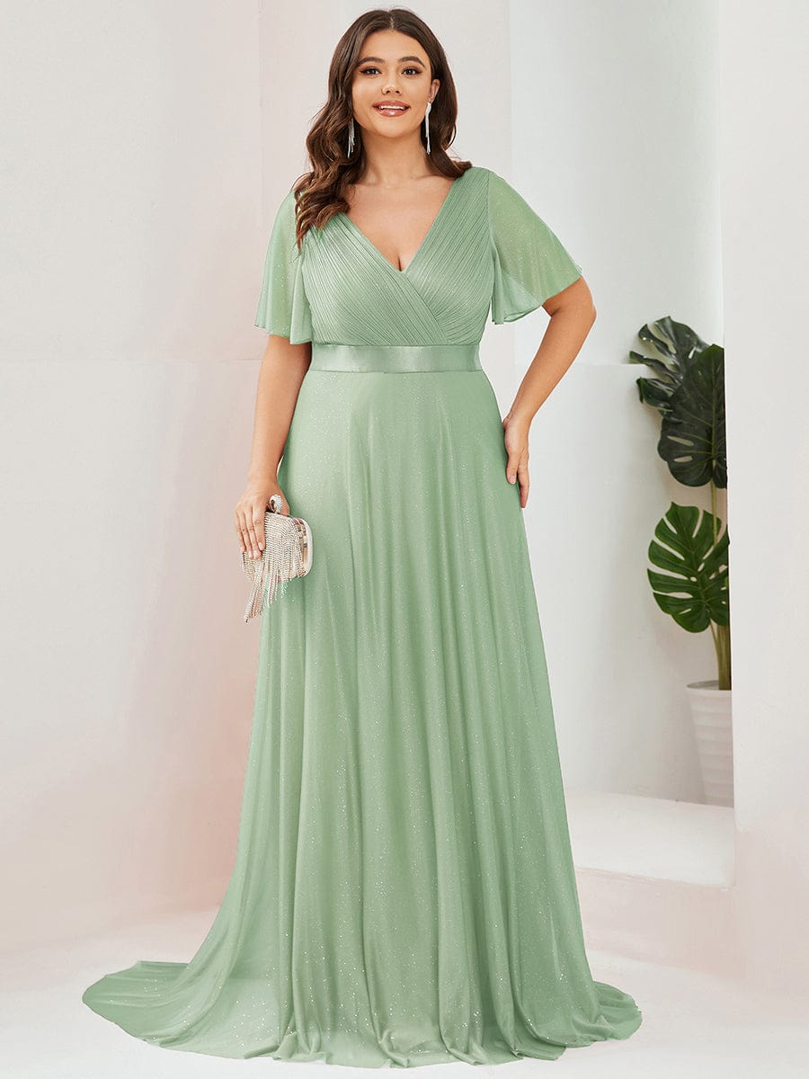 Plus Size V Neck Ribbon Waist Formal Evening Dress With Sleeves