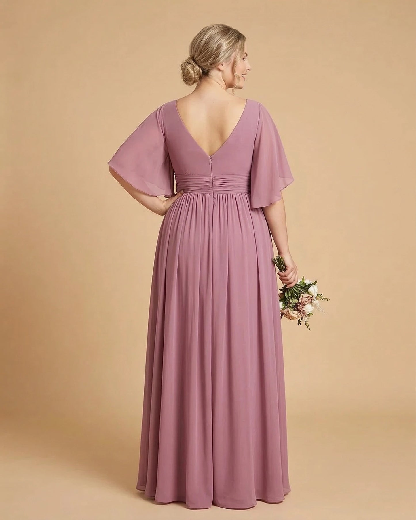 Petaline Romantic Plus Size A-Line Bridesmaid Dress with V-Neck Pleated Chiffon - for Weddings N0301