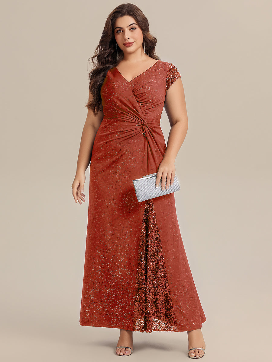 Plus Size Knotted Knit Cap Sleeve Maxi Glitter Evening Dress