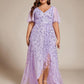 Plus Size Short Sleeves Sequin High Low V-Neck Midi Formal Evening Dress