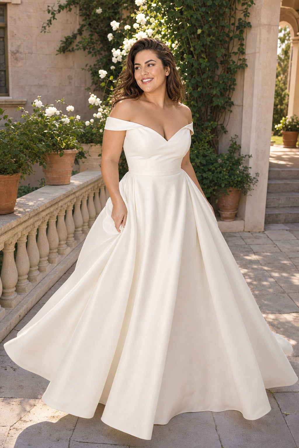 Romantic Off Shoulder Satin Wedding Dress Plus Size with Hidden Pockets