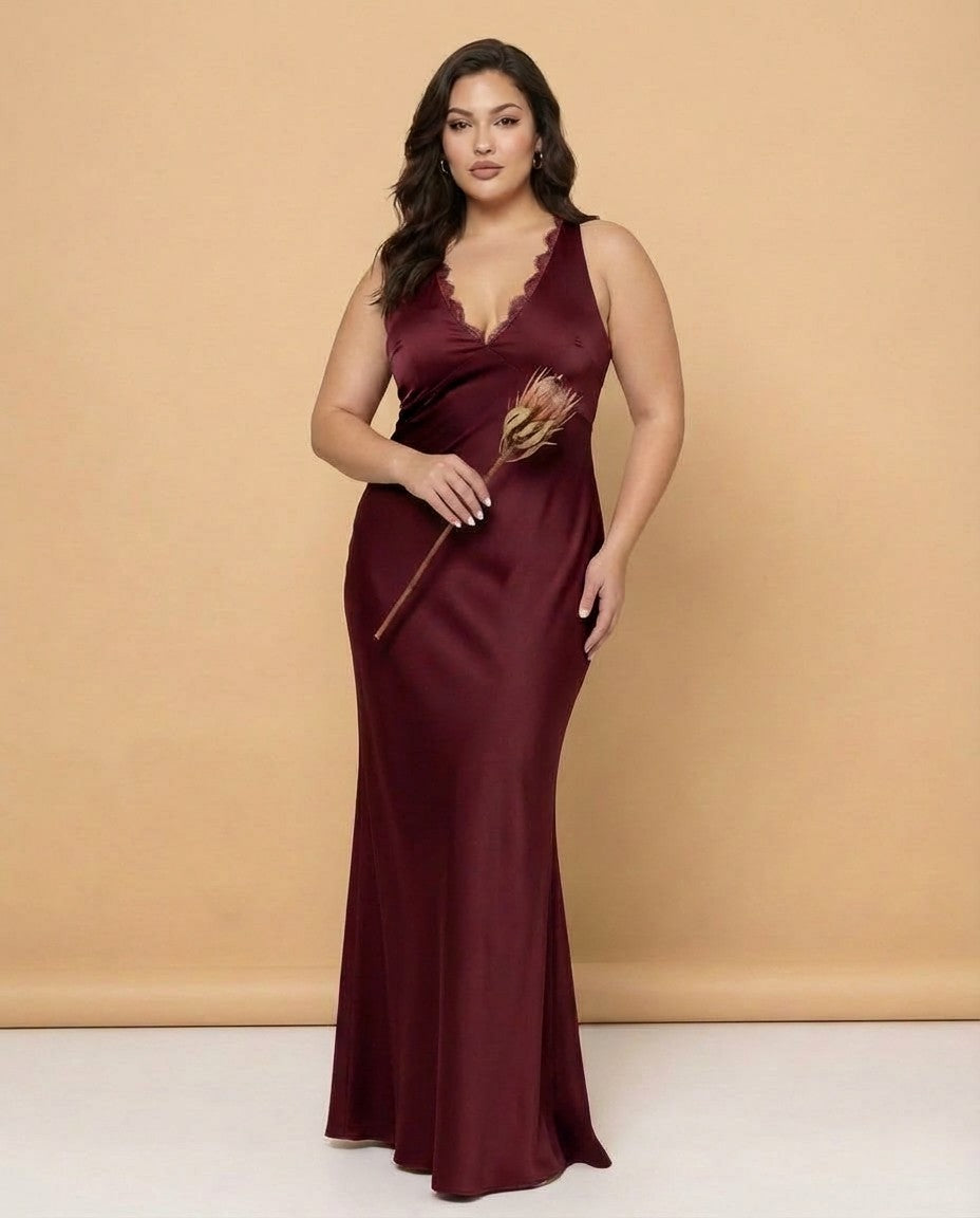 Silvarelle Romantic Sheath Stretch Satin Plus Size Bridesmaid Dress with V-Neck for Weddings - N0361