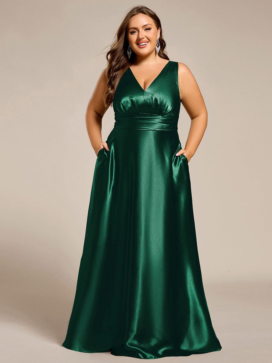 Plus Size Satin Empire Waist Maxi Bridesmaid Dress with Pockets