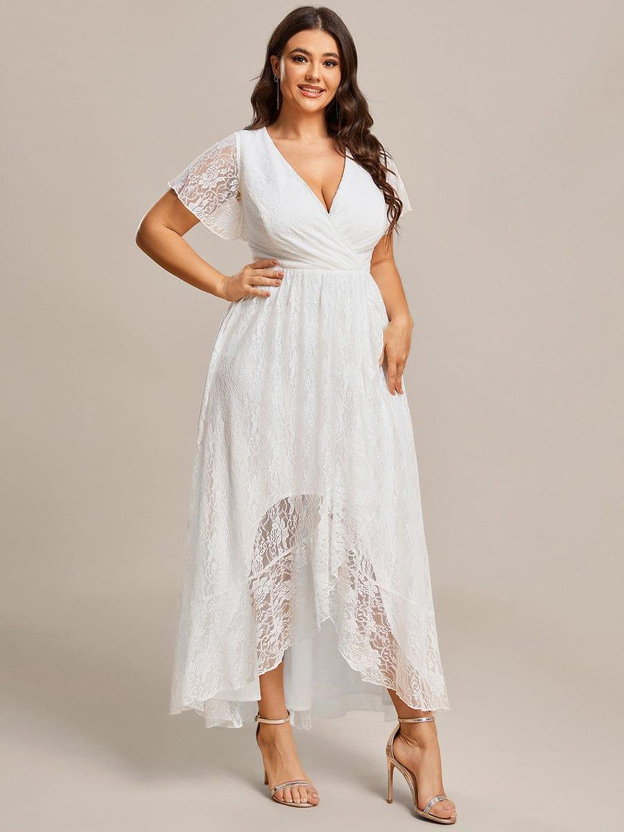 Plus Size Short Sleeve Ruffled V-Neck A-Line Lace Wedding Guest Dress