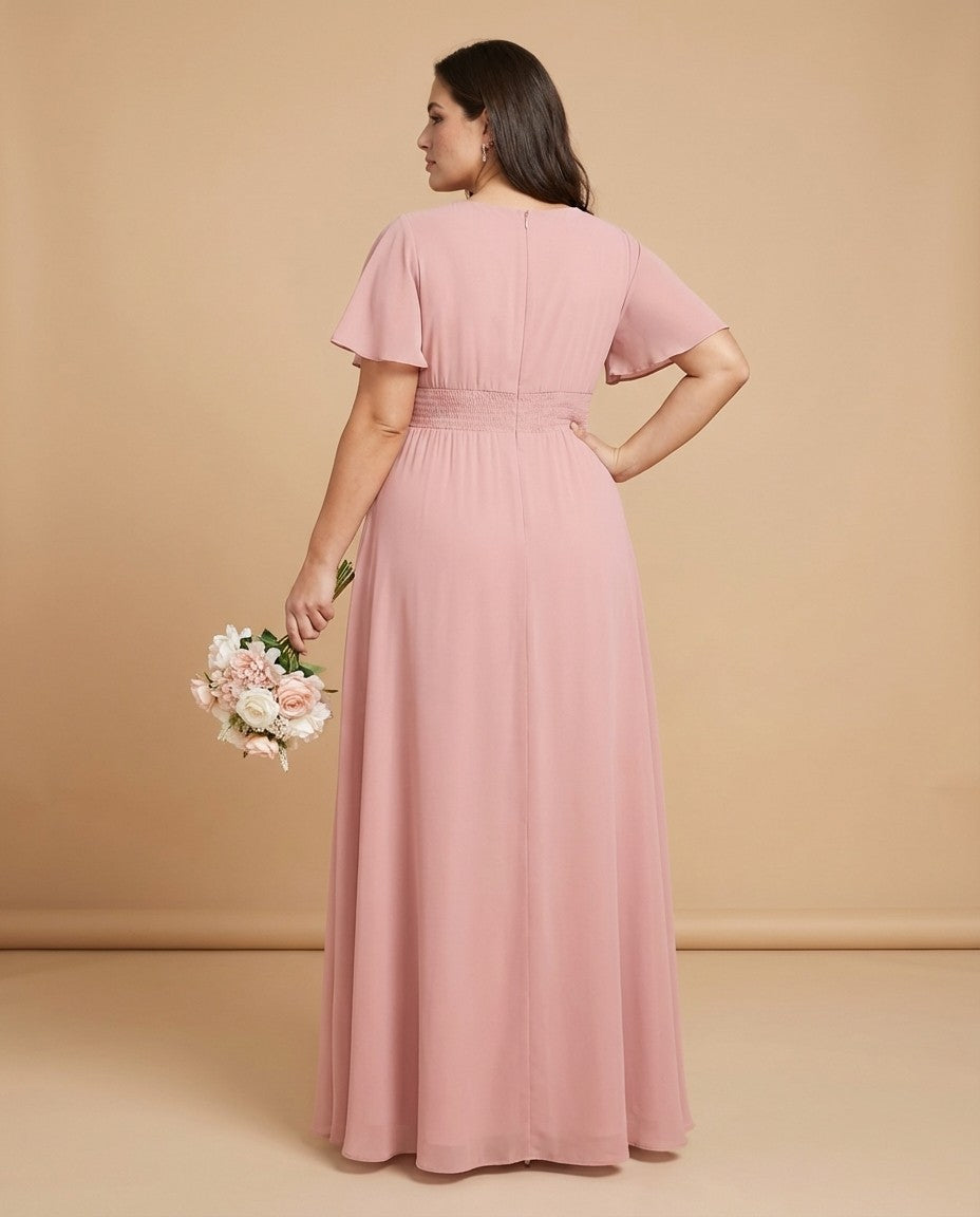 Petaline Plus Size Short Sleeve Chiffon Bridesmaid Dress N0322