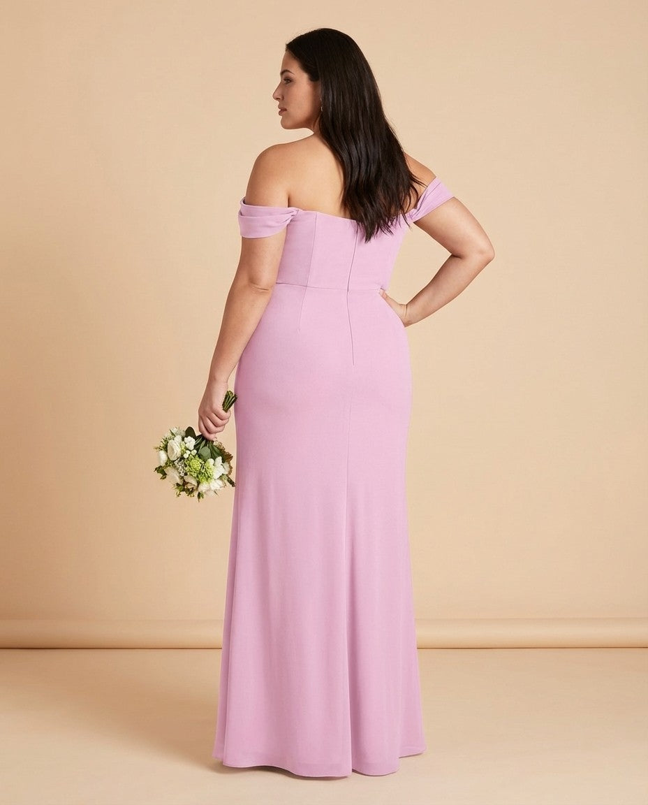 Elanthia Plus Size Off The Shoulder Mesh Bridesmaid Dress With Leg Slit For Wedding Party -N0346