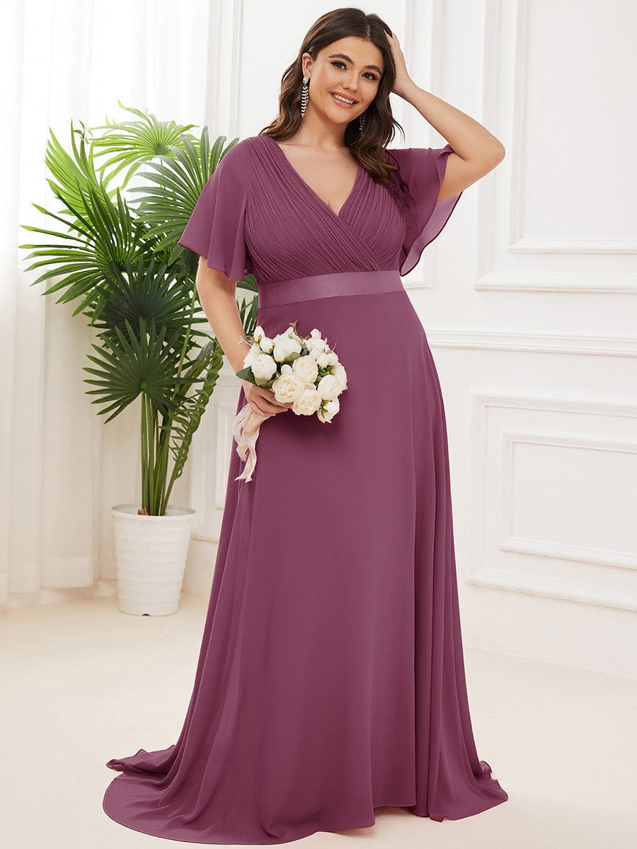 Plus Size Empire Waist V Back Bridesmaid Dress with Short Sleeves