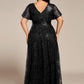 Plus Size Illusion Sequin V-neck Short Sleeve Maxi Formal Dress