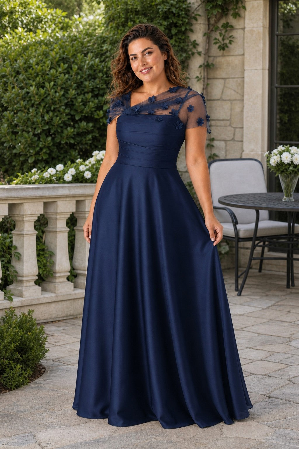 Plus Size Backless A-Line Formal Gown with Floral Appliqué and Satin Skirt