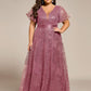 Plus Size Illusion Sequin V-neck Short Sleeve Maxi Formal Dress