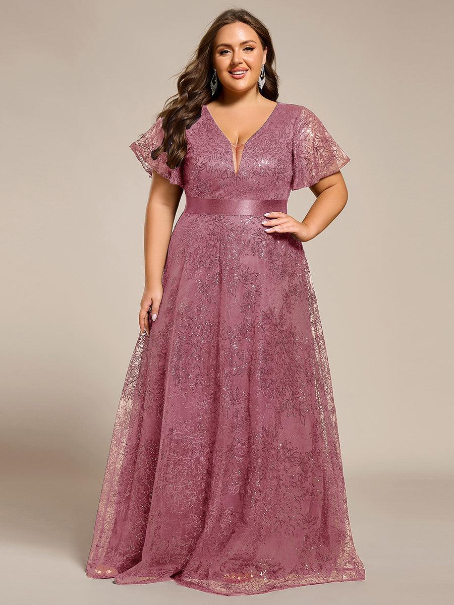 Plus Size Illusion Sequin V-neck Short Sleeve Maxi Formal Dress