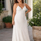 Romantic Ivory Slip Wedding Gown Pleated V Neck Lace Trim Open Back Design