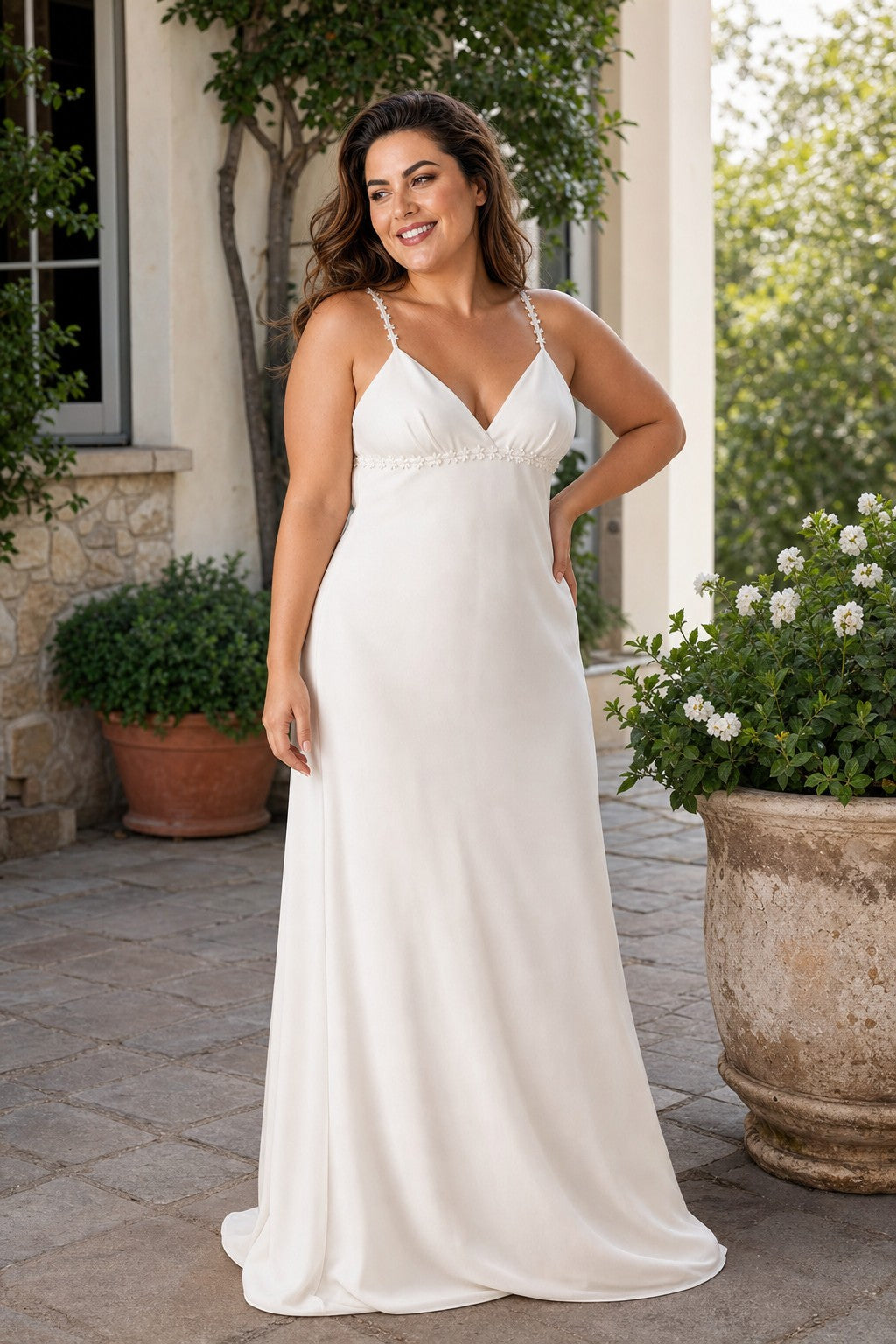 Romantic Ivory Slip Wedding Gown Pleated V Neck Lace Trim Open Back Design