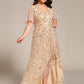 Plus Size Short Sleeves Sequin High Low V-Neck Midi Formal Evening Dress
