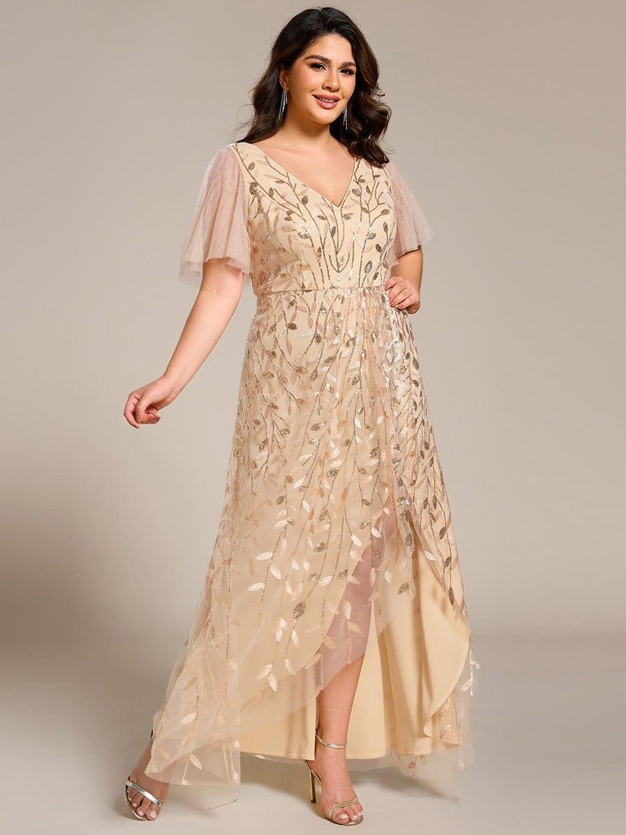 Plus Size Short Sleeves Sequin High Low V-Neck Midi Formal Evening Dress