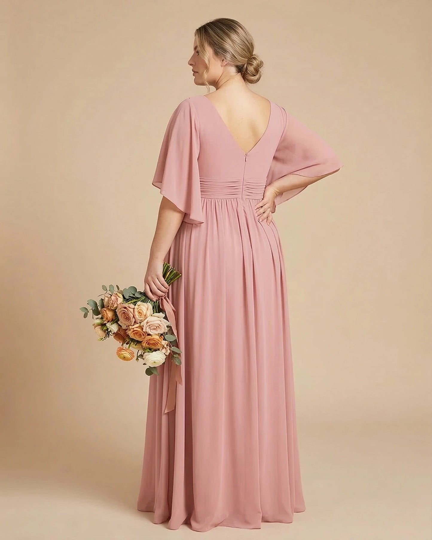 Petaline Romantic Plus Size A-Line Bridesmaid Dress with V-Neck Pleated Chiffon - for Weddings N0301