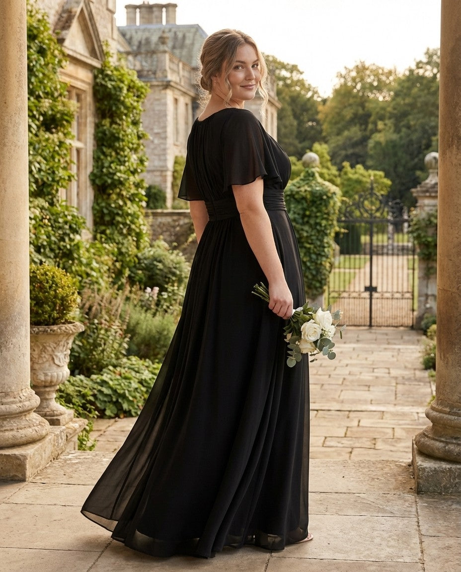 Petaline Plus Size Chiffon A-Line Bridesmaid Gown with Short Flutter Sleeves N0326
