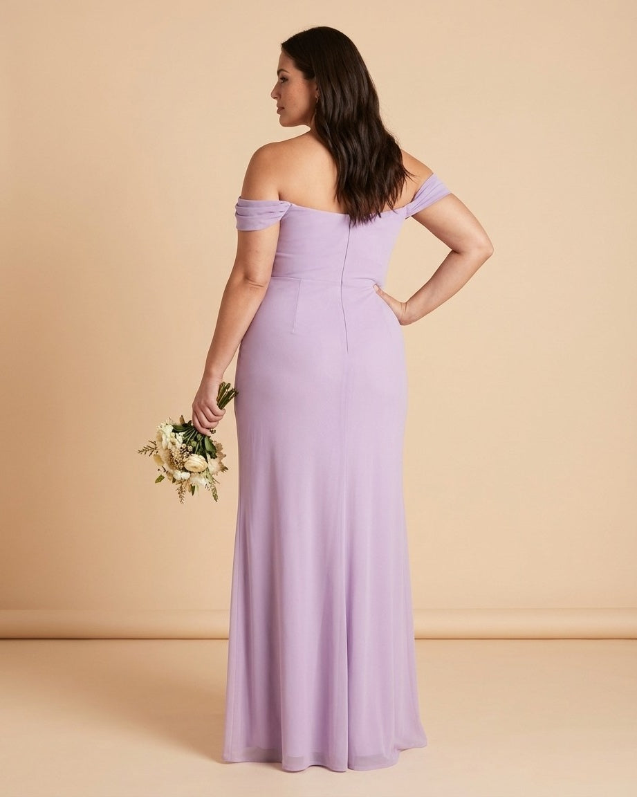 Elanthia Plus Size Romantic Sheath Bridesmaid Dress with Off Shoulder for Wedding -N0347