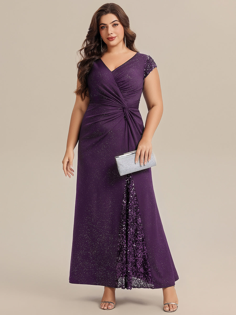 Plus Size Knotted Knit Cap Sleeve Maxi Glitter Evening Dress