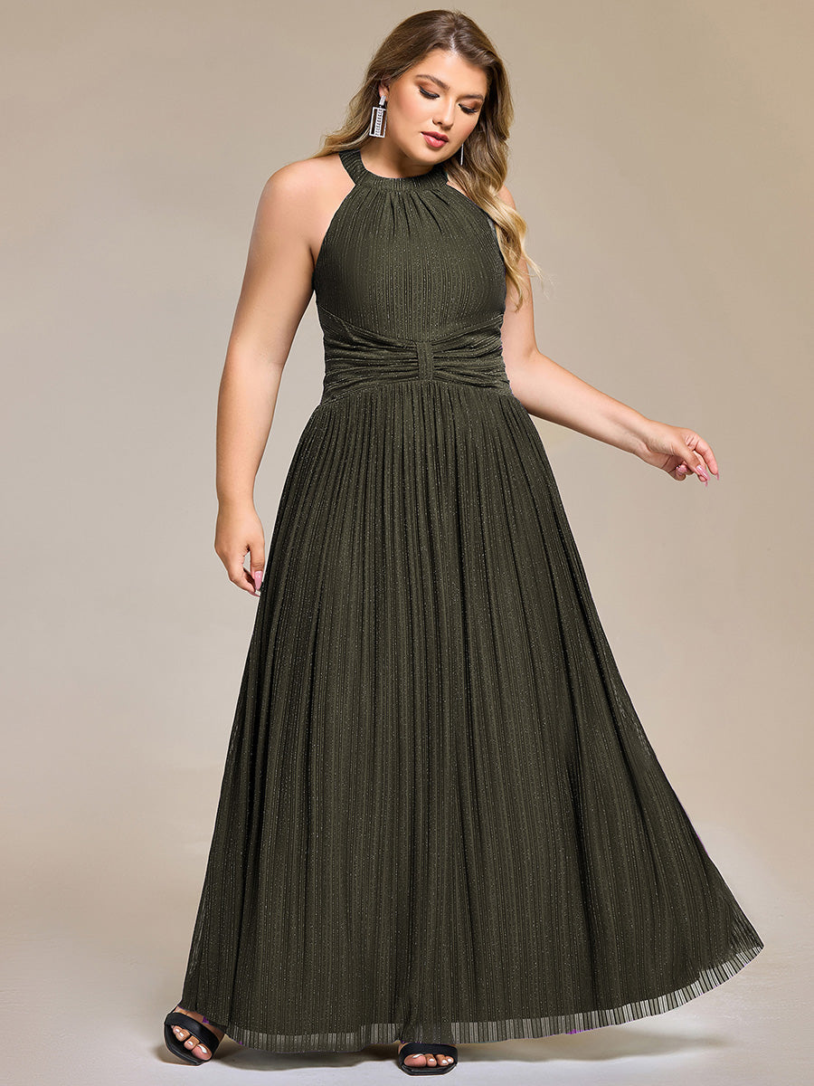 Plus Size Glittery Halter Neck Pleated Formal Evening Dress