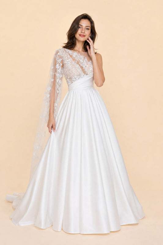 Plus Size A-Line Wedding Dress with Asymmetric Sleeve Lace Panels Open Back and Pockets