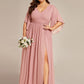 Plus Size Half Sleeve Pleated A-Line V-Neck Chiffon Bridesmaid Dress