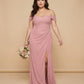 Elanthia Plus Size Off The Shoulder Mesh Bridesmaid Dress With Leg Slit For Wedding Party -N0346