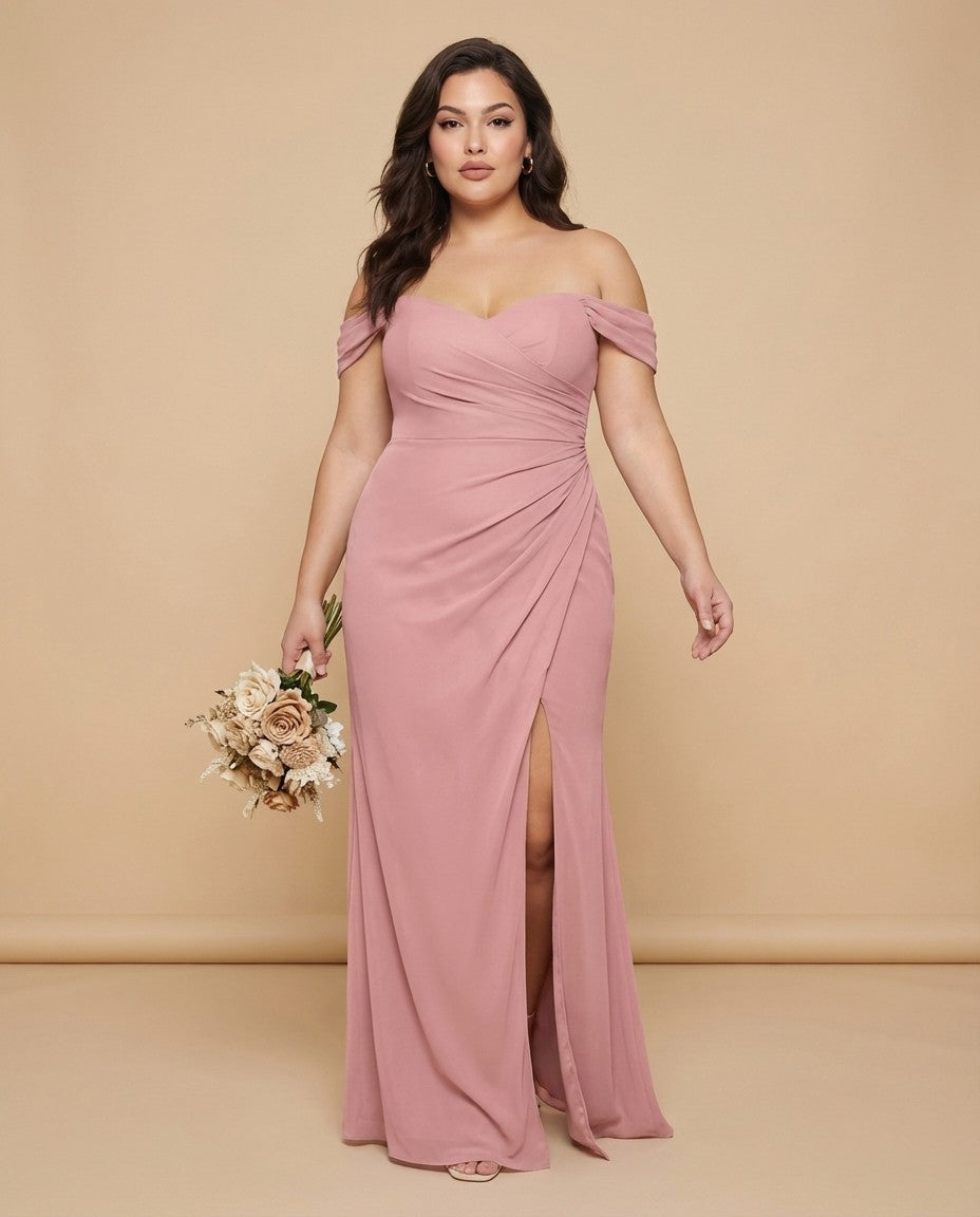 Elanthia Plus Size Off The Shoulder Mesh Bridesmaid Dress With Leg Slit For Wedding Party -N0346
